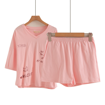 女士五分袖睡衣套装夏季薄款100%棉夏天家居服可外穿休闲春秋卡通