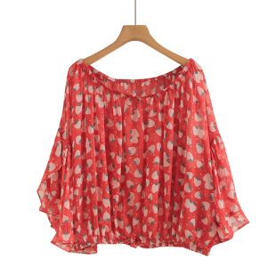 女夏季 衫 两穿休闲百搭 一字领雪纺t蝙蝠袖 宽松休闲温柔风印花t恤衫