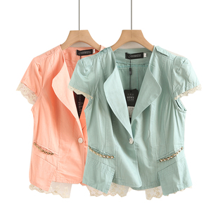 收腰上衣职业蕾丝短袖 通勤短款 小西服外套女紧身一粒 修身 春夏新款