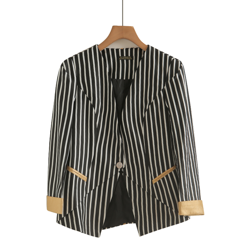 英伦风坚条纹西装外套女上衣秋季新款拼接九分袖直筒通勤ol上衣