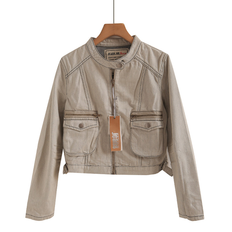 早秋立领做旧牛仔外套女初秋新款复古小众设计感正肩美式夹克上衣,女装/女士精品,短外套,淘宝优惠券,粉丝福利购,淘宝优惠卷