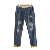 女秋九分裤 2025新款 韩版 破洞牛仔裤 学生bf百搭高腰宽松乞丐裤 直筒