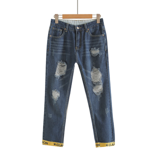 破洞牛仔裤女秋九分裤2025新款韩版学生bf百搭高腰宽松乞丐裤直筒