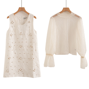 轻奢气质小香风珍珠连衣裙女夏季新款优雅背心裙蕾丝打底两件套