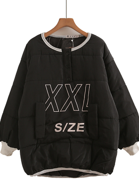 黑色圆领拼色羽绒棉服女2025冬季新款韩系宽松甜美大码字母外套
