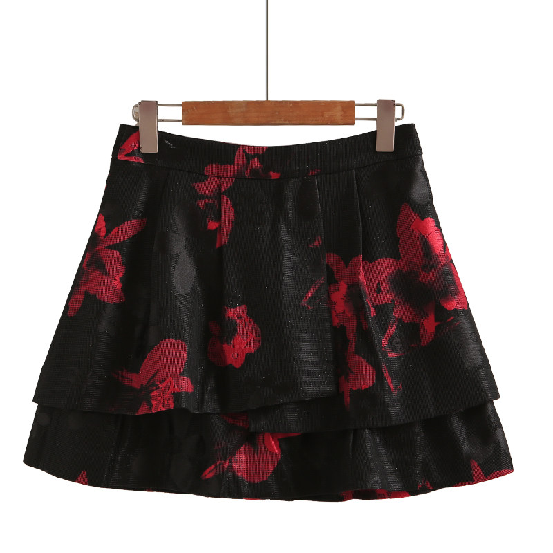 专柜639元【S】高端品牌女装黑底红花时尚百搭高腰蝴蝶印花半裙