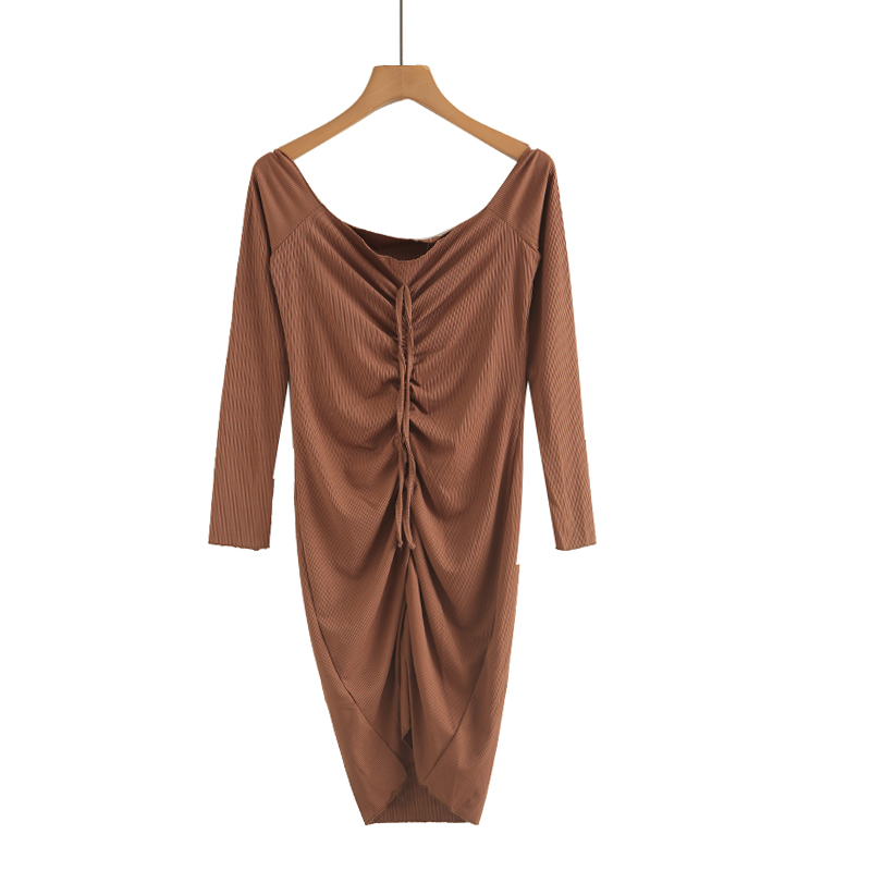 抽绳包臀裙 秋季一字领系带修身中长裙气质潮流不规则连衣裙女