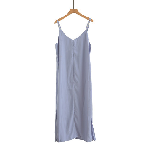 双肩带雪纺吊带V领连衣裙女夏法式开叉中长款新款蓝色裙子长裙