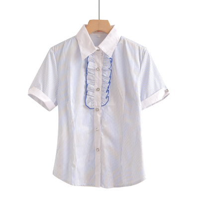 女士夏装新款OL通勤修身边蓝白柳条纹衬衣女装职业工作衬衫