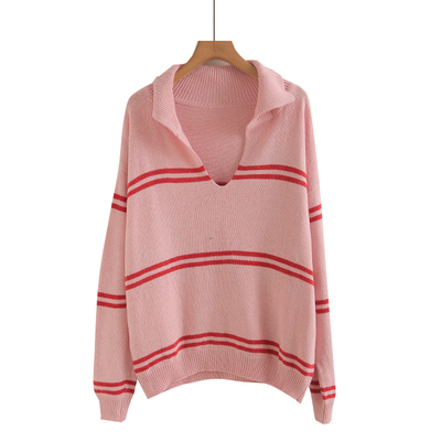 粉色V领条纹撞色毛衣女秋冬季2025新款半开衫套头针织衫宽松上衣