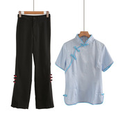 工作两件套 民族风女装 套装 中式 复古中国风春秋旗袍上衣阔腿裤 唐装