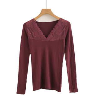 秋冬季 保暖内衣女V领蕾丝性感单件上衣紧身秋衣女打底衫