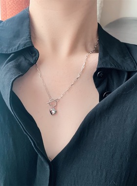 s925纯银圆圈横杆爱心项链ins小众个性IO扣锁骨链韩国东大门饰品
