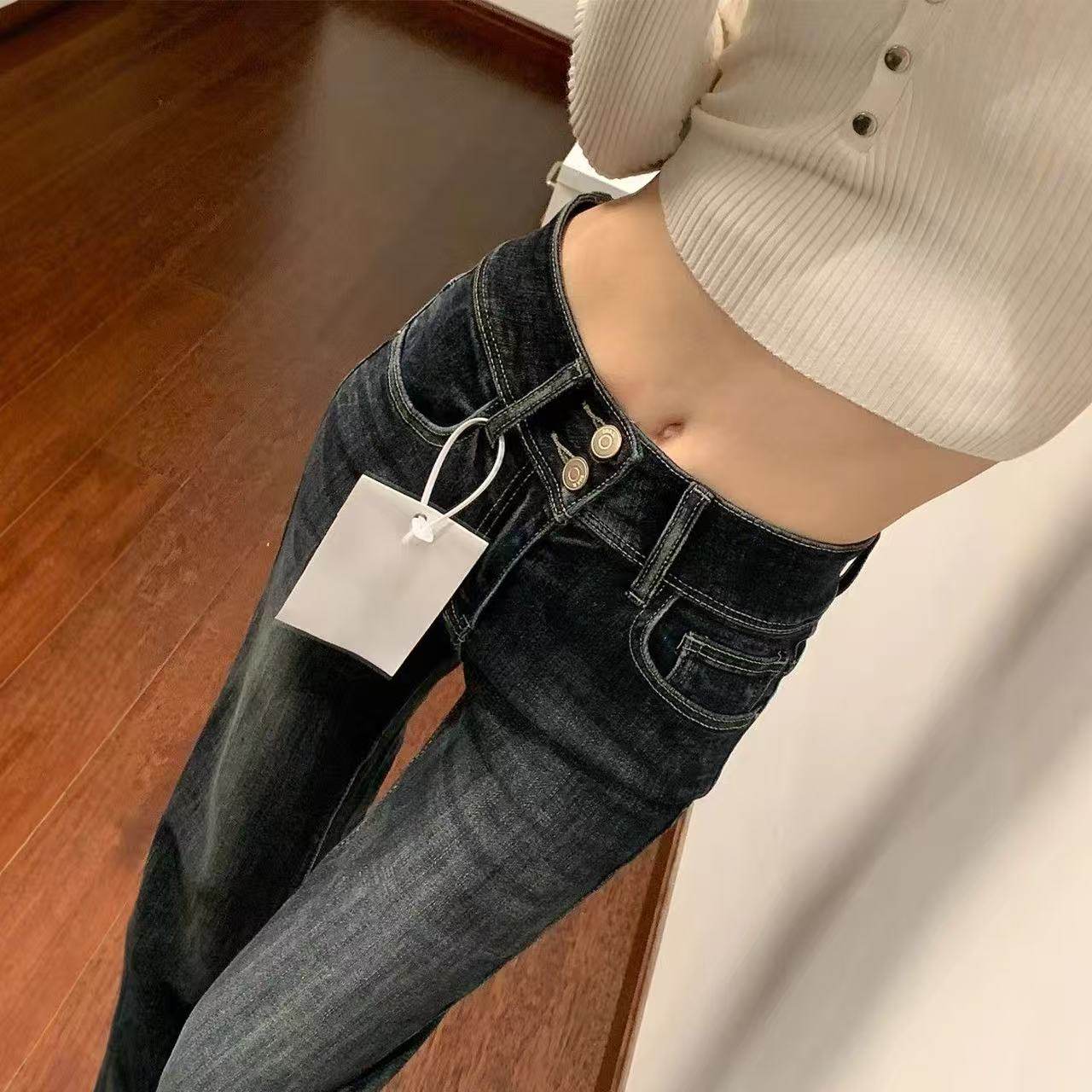 美式复古微喇牛仔裤女2026春秋新款双排扣弹力高腰显瘦喇叭拖地裤,女装/女士精品,牛仔裤,淘宝优惠券,粉丝福利购,淘宝优惠卷