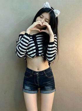 美式辣妹中低腰性感超短裤热裤牛仔裤女深蓝色设计感卷边舞蹈短裤