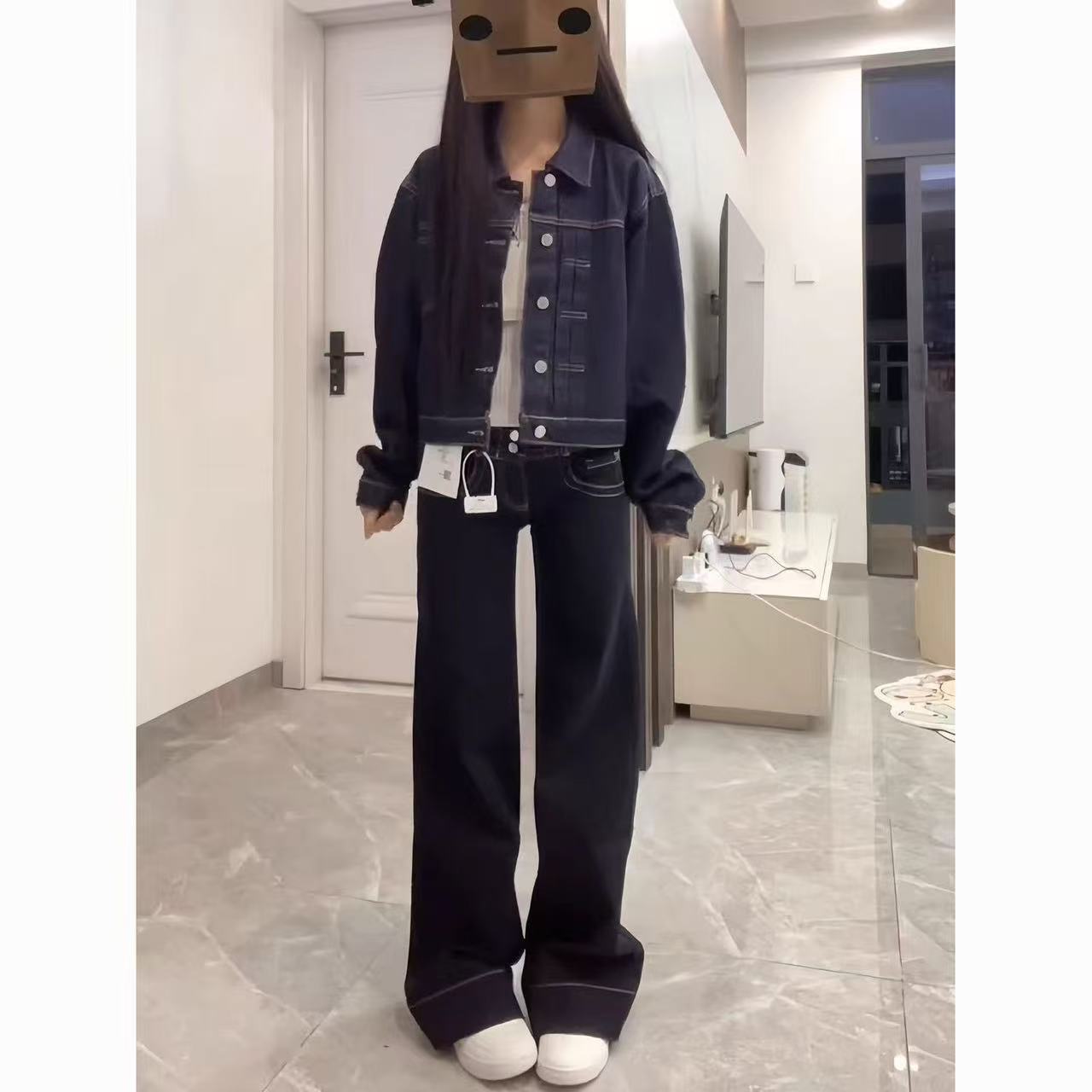 美式复古双腰扣不贴腿微喇牛仔裤女秋冬季新款显瘦百搭低腰直筒裤