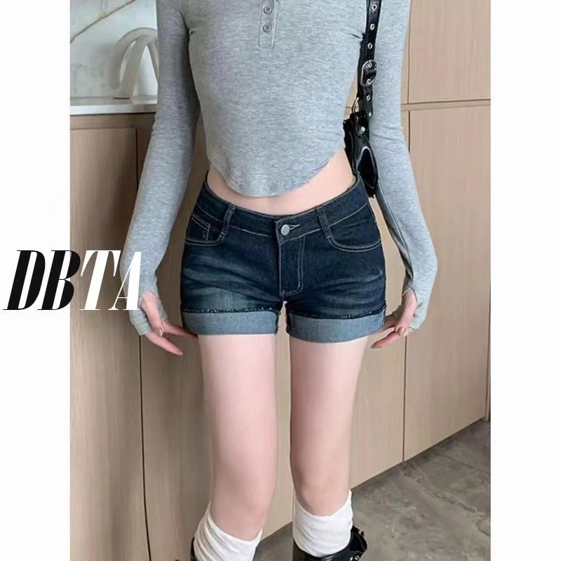 翻边牛仔短裤女装紧身包臀热裤