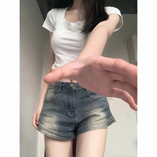 高街复古宽松显瘦辣妹a字阔腿裤 高腰牛仔短裤 美式 女夏季 2025新款