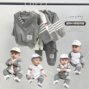 tb风洋气婴儿衣服春秋冬季 加绒纯棉连体衣哈衣分体男宝宝网红套装