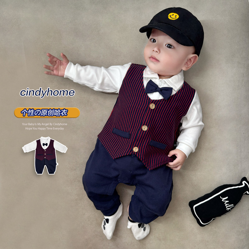 新款绅士风婴儿连体衣春秋款宝宝假两件领结哈衣爬服