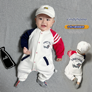 新款 春秋休闲风哈衣爬服宝宝连体衣 撞色拼接卡通风长袖