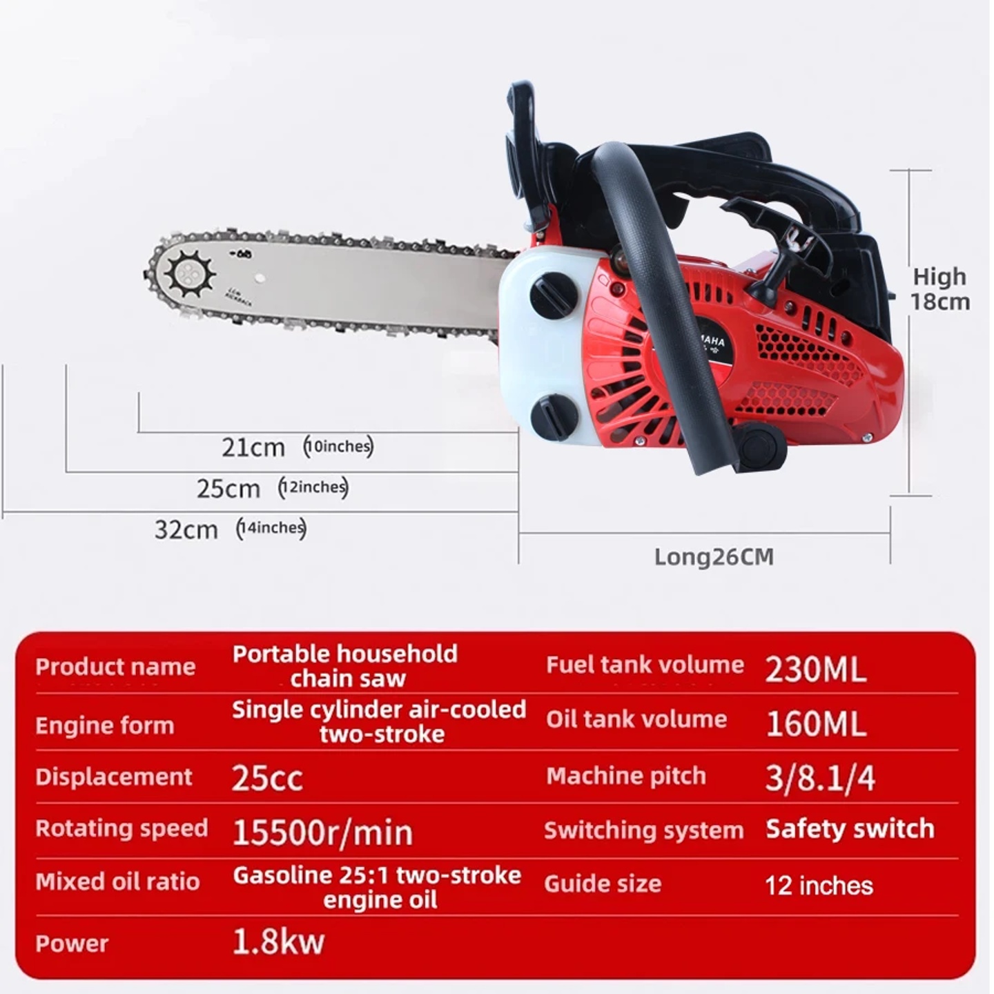 Powerfull Mini Gasoline Saw Logging Chainsaw 25CC 1800W 155