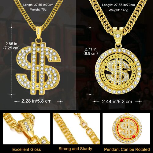 Men Gold Color Dollar Sign Necklaces with Cuban Chain,Hip H