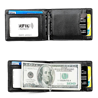 New Anti RFID Men Genuine Leather Money Clip Wallet Bifold