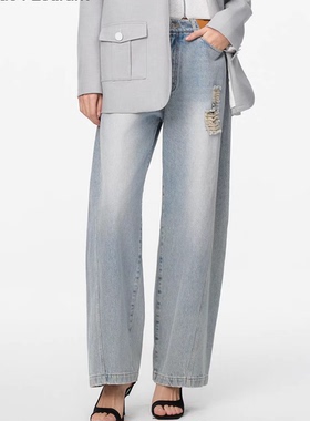 JAC FLEURANT设计师品牌2025春夏秋蓝色磨破阔腿弯刀宽松牛仔裤女