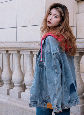 【吴宣仪同款】Jac FLeurant24中长蓝色倒口袋时尚春秋牛仔帽衫女