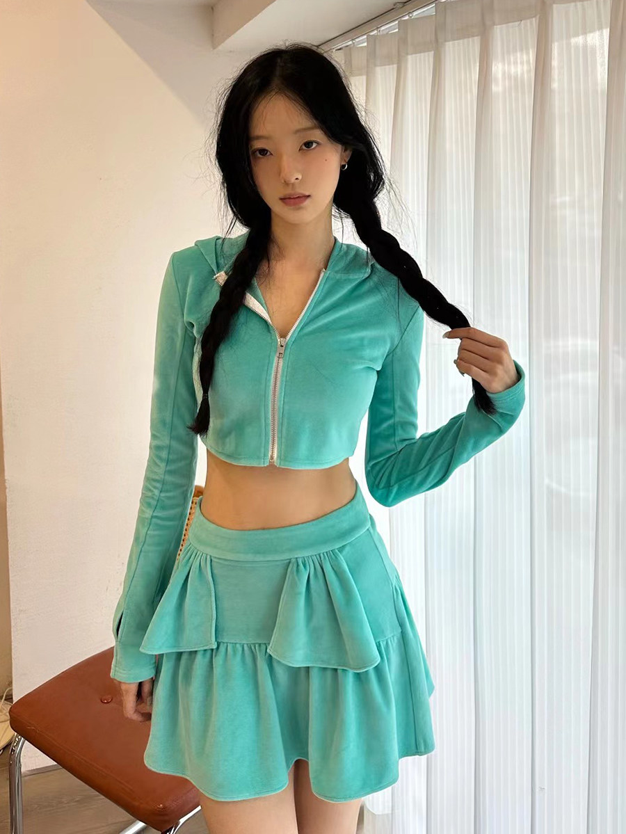 官方授权JacFLeurant春夏芭蕾休闲烫钻丝绒帽衫百褶裙甜美套装女