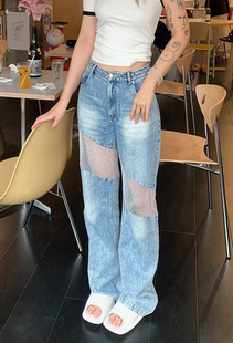 【李小冉同款】JacFLeurant新品接接网钻水洗蓝直筒牛仔裤长裤女