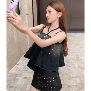 JacFLeurant设计师24夏挂脖吊带铆钉牛仔上衣牛仔短裙女 泳儿同款