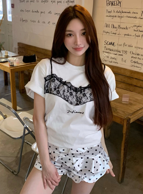 JAC FLEURANT2025春夏新品白色拼接蕾丝边T恤宽松短袖日常百搭女