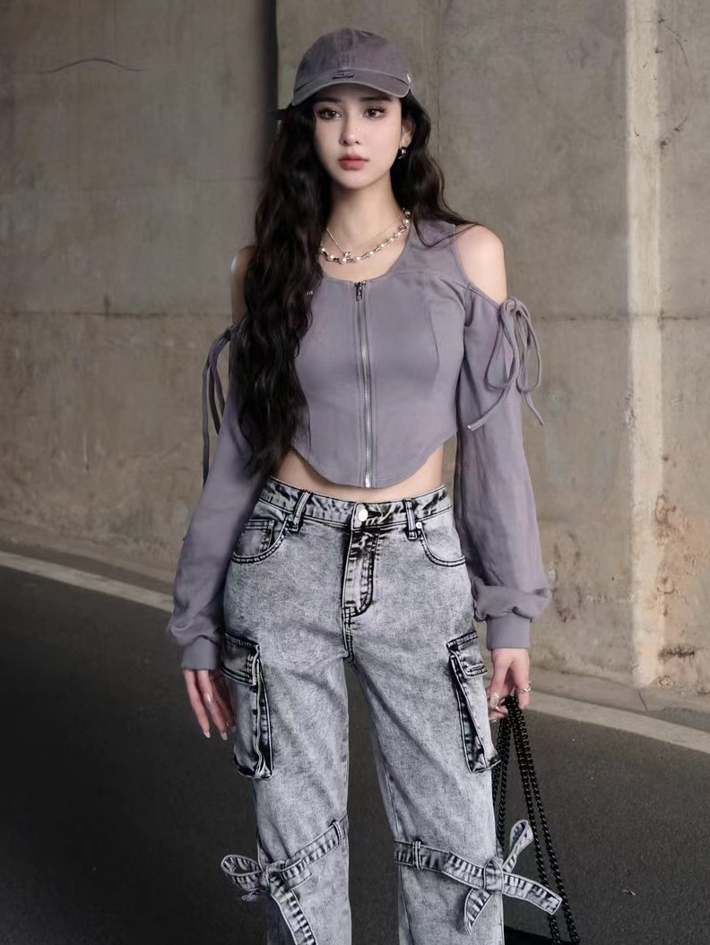 胡静怡同款JacFLeurant设计师品牌辣妹卫衣芭蕾露肩绑带修身上衣