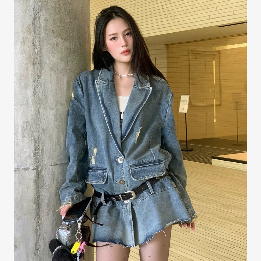 【可议价】SENSEAWEEK26春秋宽松酷飒外套破洞水洗做旧牛仔西装潮
