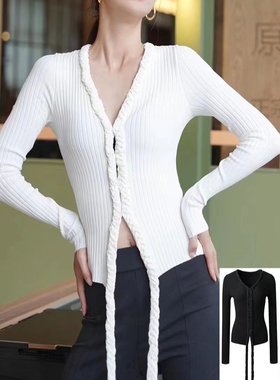 正品LOOSINGWHITE设计师秋V领织带长袖开衫黑白双色入上衣女现货
