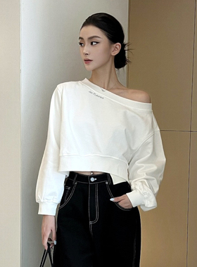 JAC FLEURANT2015秋冬新品白色不规则露肩短款时尚宽松纯棉卫衣女