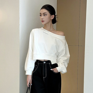 时尚 白色不规则露肩短款 宽松纯棉卫衣女 FLEURANT2015秋冬新品 JAC