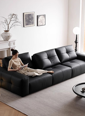 saba像素大黑牛皮沙发客厅直排简约现代可移动调节靠背大坐深沙发