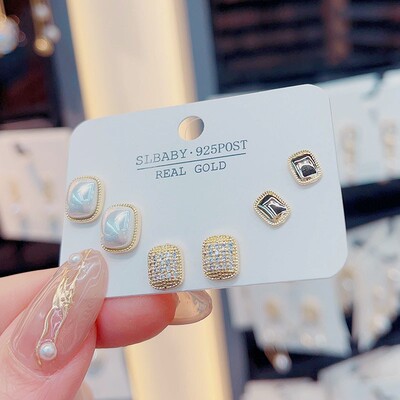 925耳钉银针三件套精致锆石套装