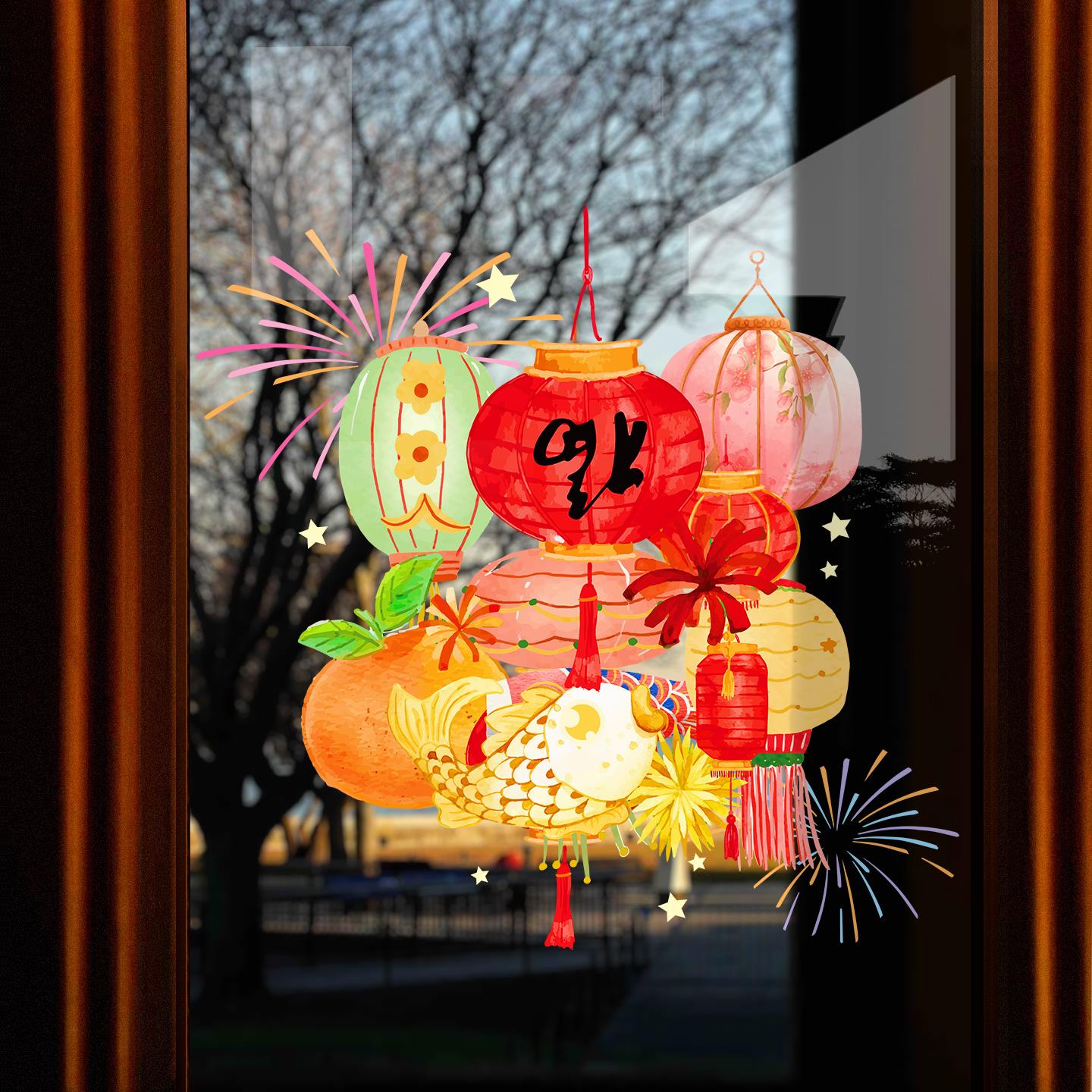 2026新年装饰品玻璃门贴纸春节橱窗过年卡通福字灯笼静电窗花贴画