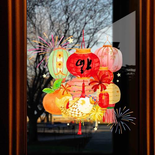 2026新年装饰品玻璃门贴纸春节橱窗过年卡通福字灯笼静电窗花贴画