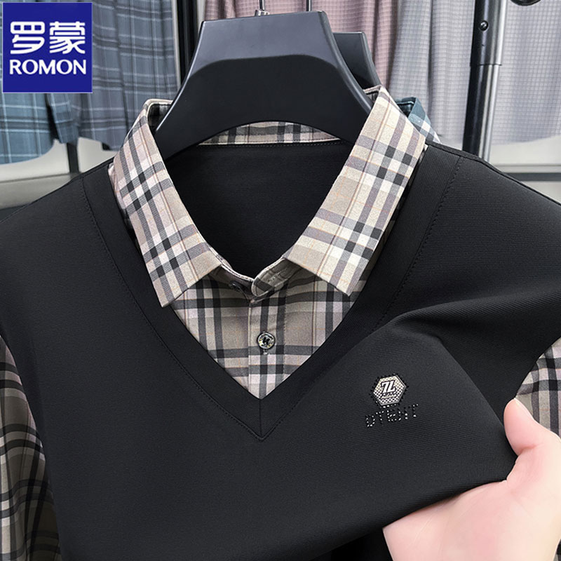 Romon/罗蒙假两件衬衫领长袖t恤男士秋季新款格子拼接中年polo衫