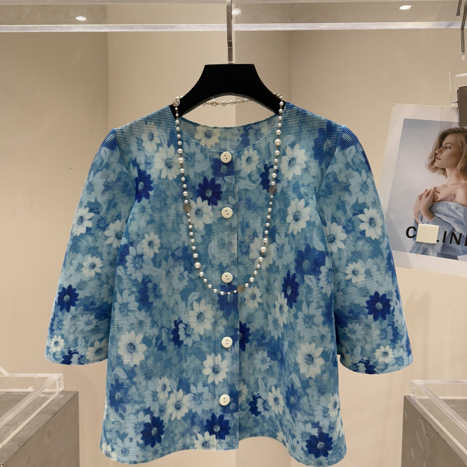 2026春夏钉开衫蓝色小白花上衣宽松女生日礼品气质女褶皱妈妈礼物