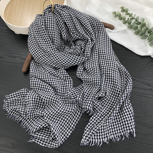 日系文艺黑白条纹小格子莫代尔棉围巾秋冬女薄款毛边披肩保暖围脖
