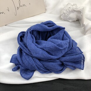 森系文艺纯色棉麻围巾女蓝色薄款春夏细窄长条丝巾配裙子护颈领巾
