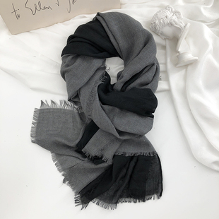日系灰色黑色棉麻围巾秋冬男女春夏季薄款拼色毛边护颈保暖长围脖