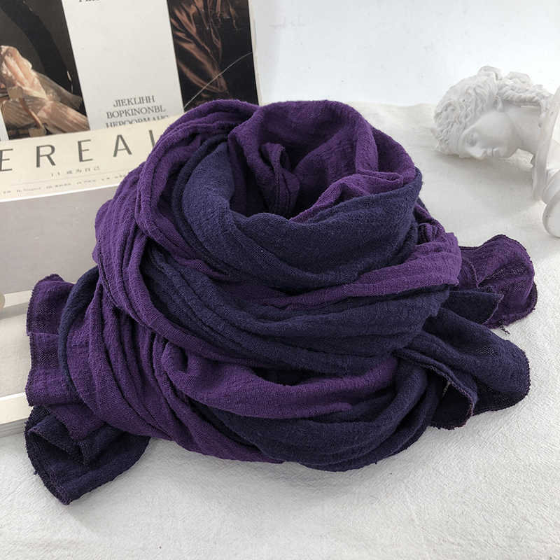 民族风复古文艺长款紫拼色纯棉围巾气质女春秋冬窄版护颈保暖围脖