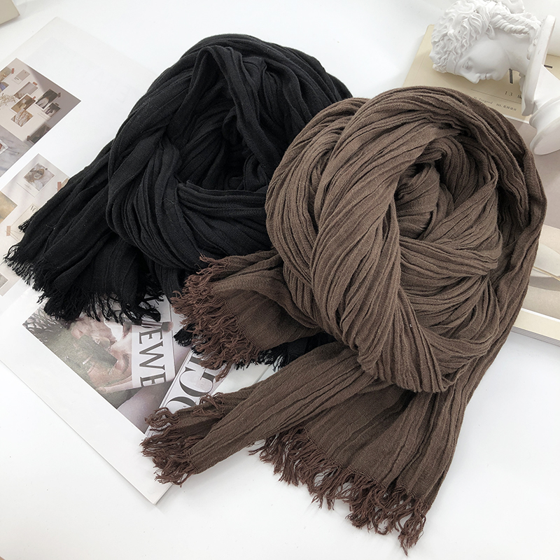 日系秋冬文艺压皱棉麻加厚长围巾